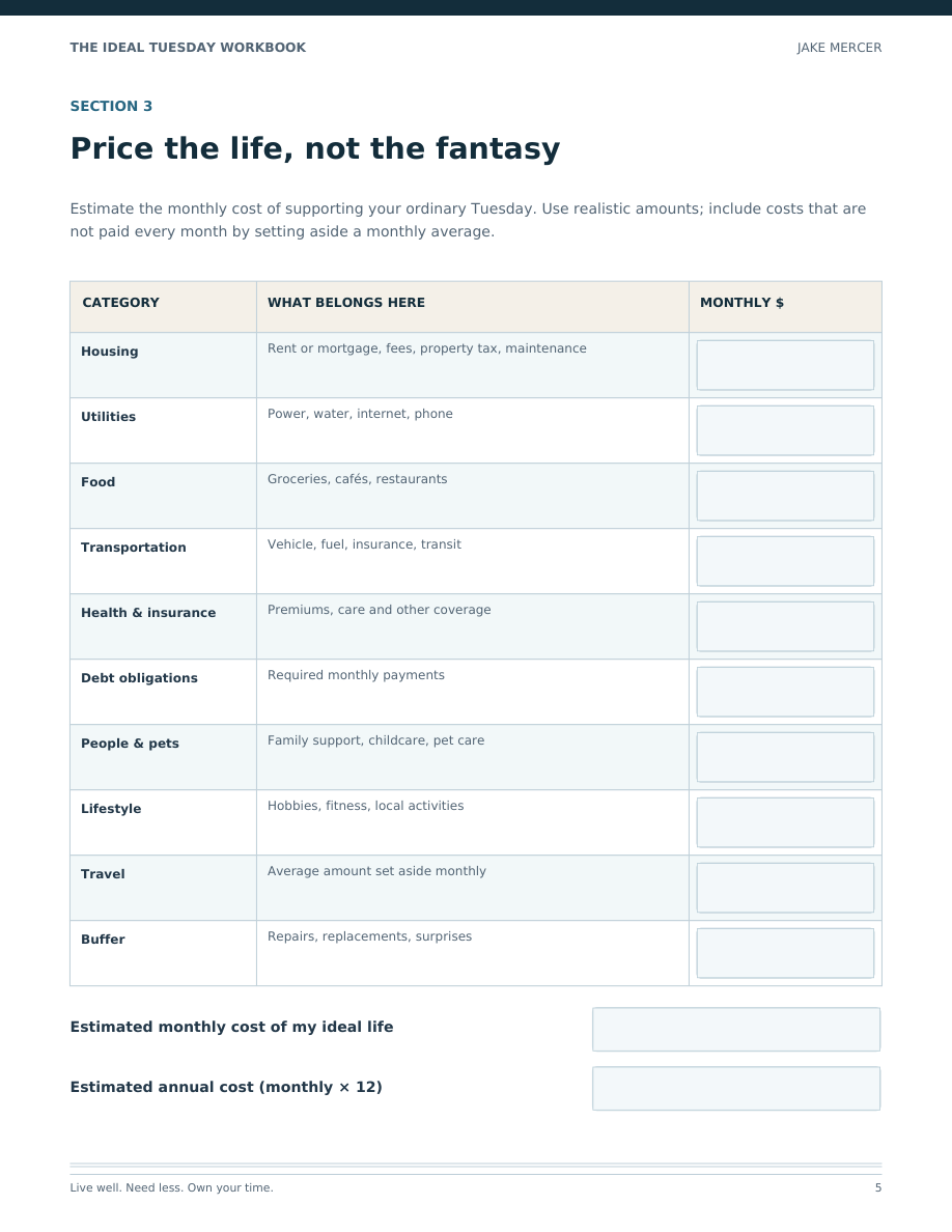 Workbook monthly cost calculator fields